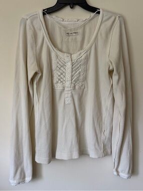 We The Free Long Sleeve Henley  cotton eyelet lace detail Large, off white NWOT
